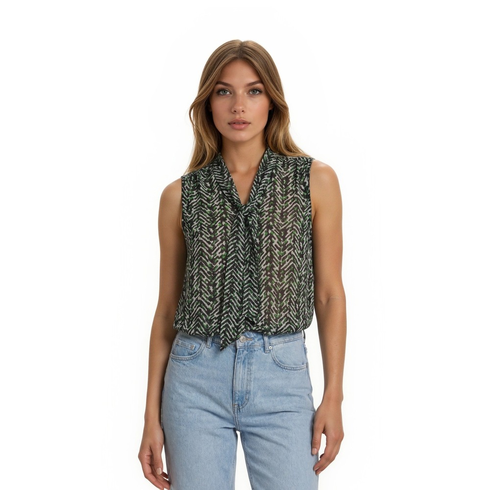 Talbots Tie Neck Blouse Women's Size‎ 6P Green Black Chevron Sleeveless Top
